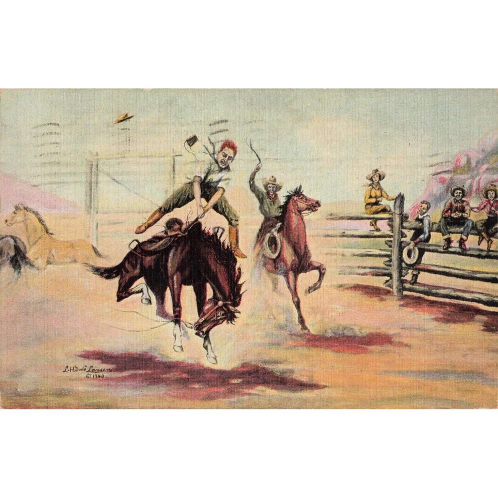Vintage 1940 Dude Larsen His First Experience Rodeo Cowboy Linen Postcard WYO - Picture 1 of 2